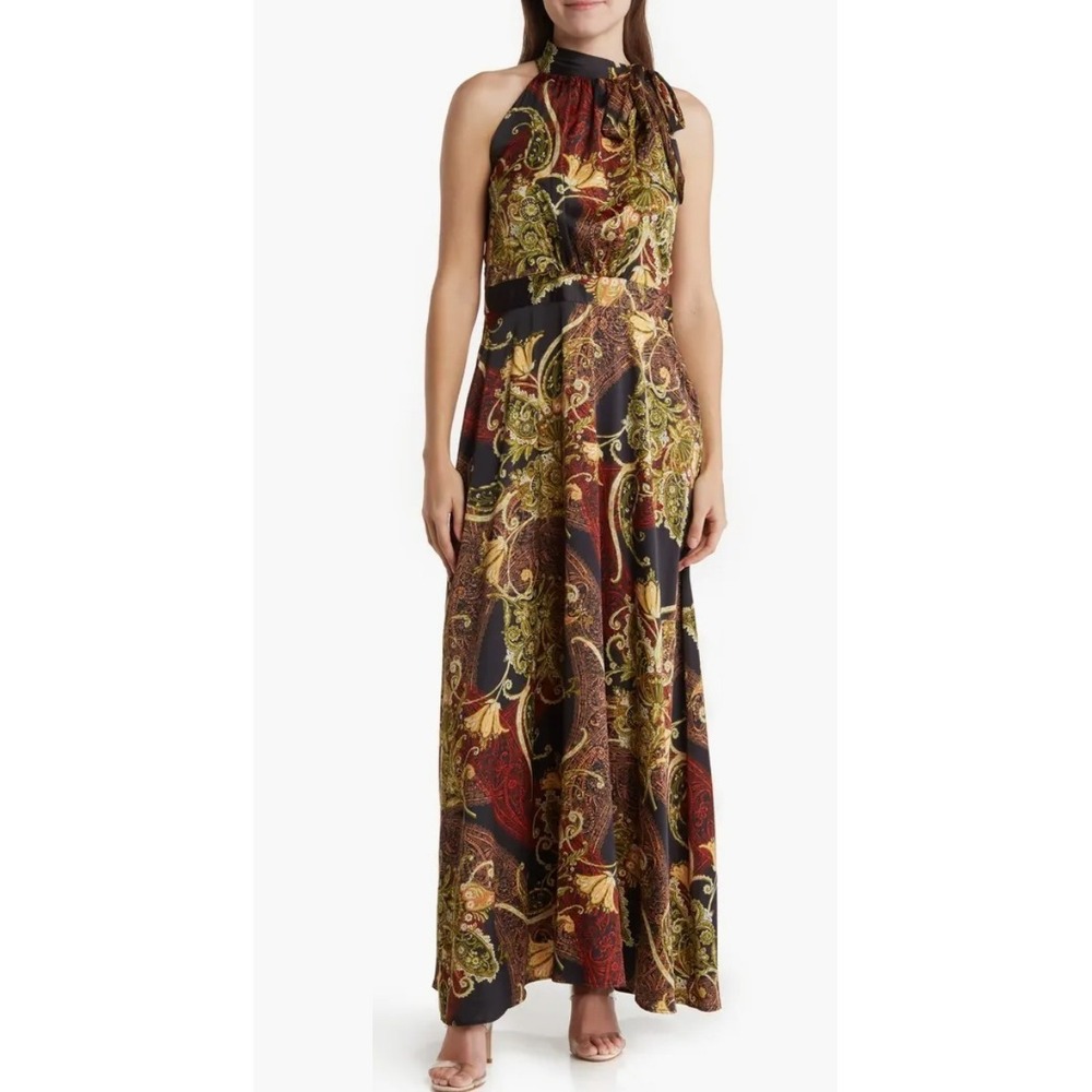 Tahari Women's Size 14 Paisley Print Sleeveless Halter Side Tie Dress